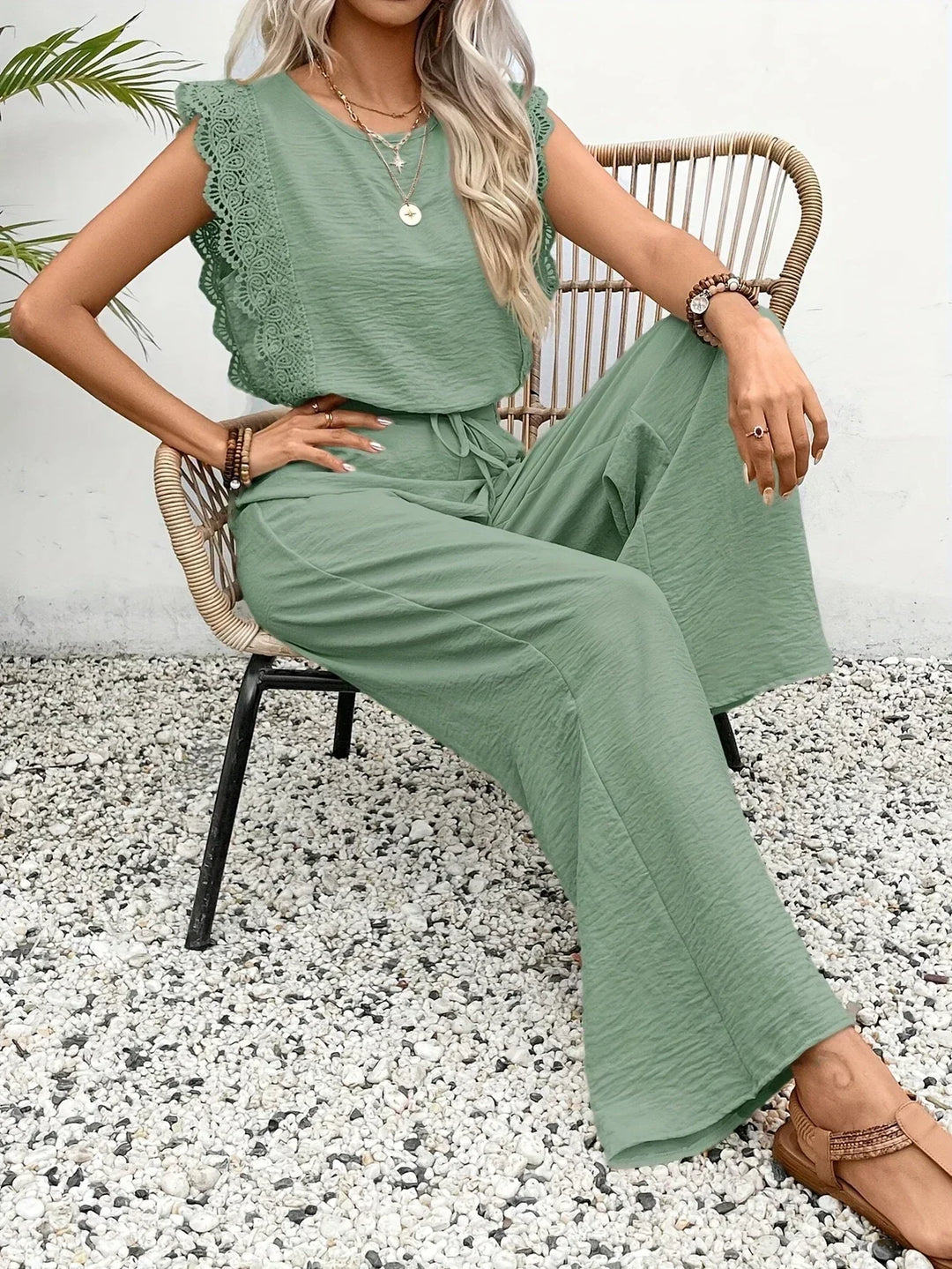 Zella Elegant Two-Piece Set | Lace-Trimmed Top and Wide-Leg Trousers