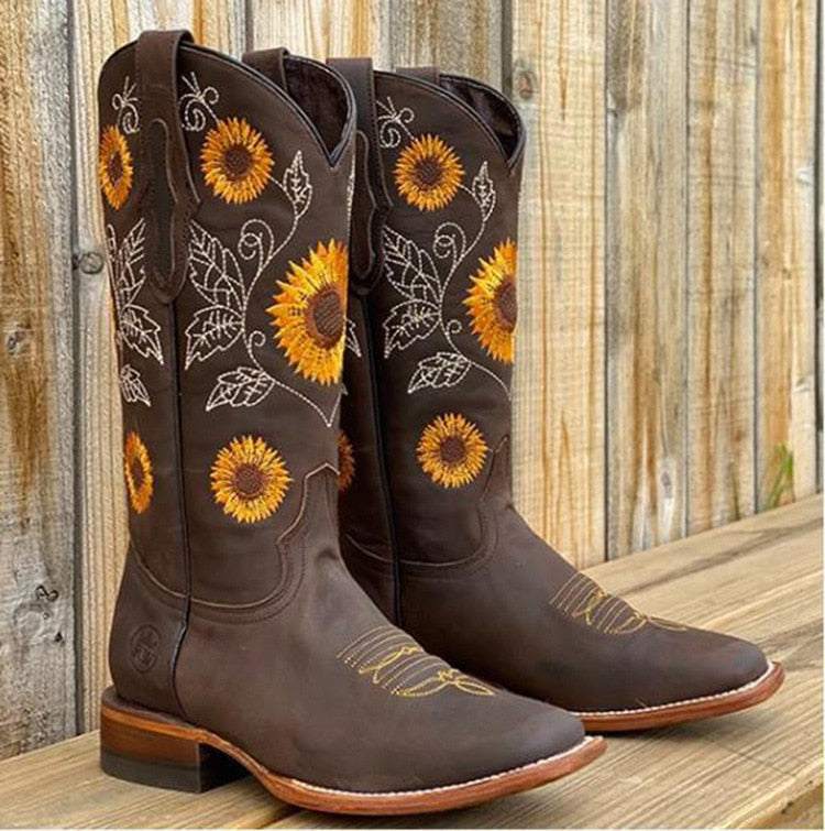 Isabelle | Women’s Sunflower Embroidered Boots Dark Brown