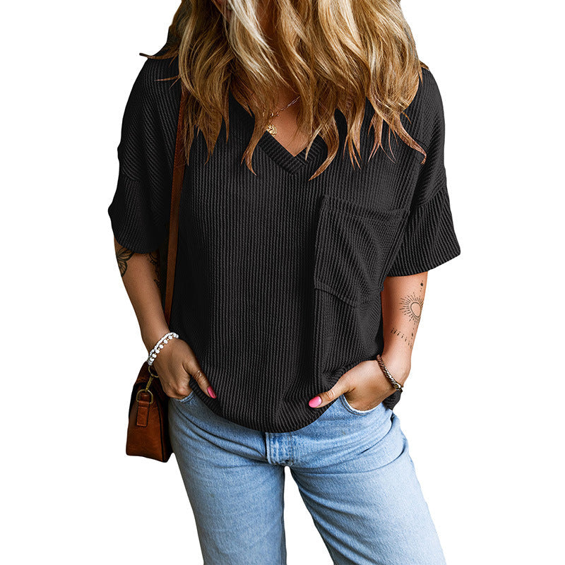 Janelle | Casual Textured Pocket V-Neck Tee
