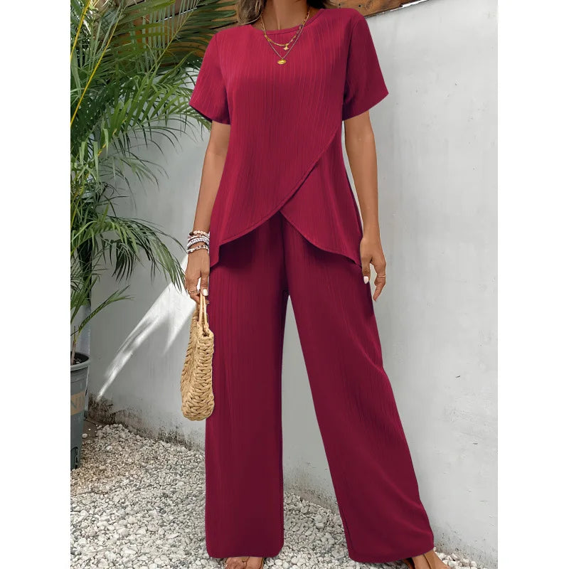 Lorrina Elegant Soft Two-Piece Set | Asymmetrical Blouse and Relaxed Pants