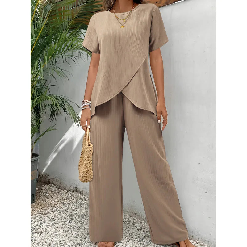 Lorrina Elegant Soft Two-Piece Set | Asymmetrical Blouse and Relaxed Pants