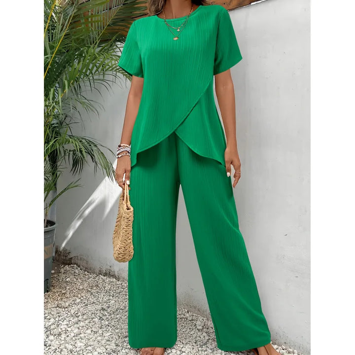 Lorrina Elegant Soft Two-Piece Set | Asymmetrical Blouse and Relaxed Pants