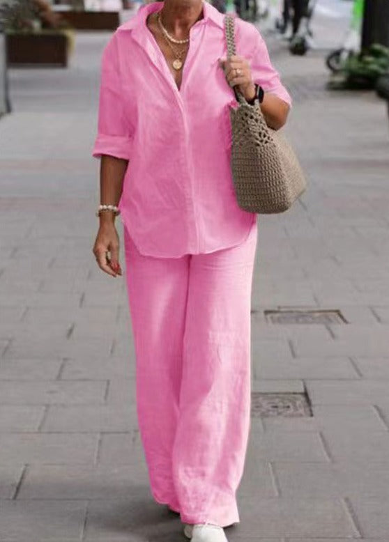 Denice Elegant Casual Two Piece Set | Relaxed Button-Up Top and Wide-Leg Trousers