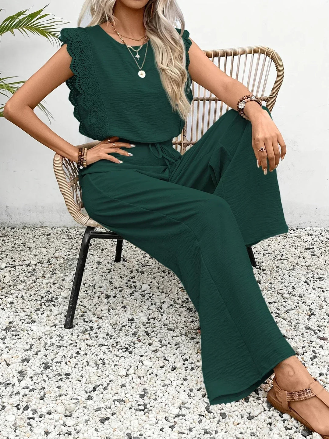 Zella Elegant Two-Piece Set | Lace-Trimmed Top and Wide-Leg Trousers