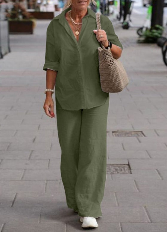 Denice Elegant Casual Two Piece Set | Relaxed Button-Up Top and Wide-Leg Trousers