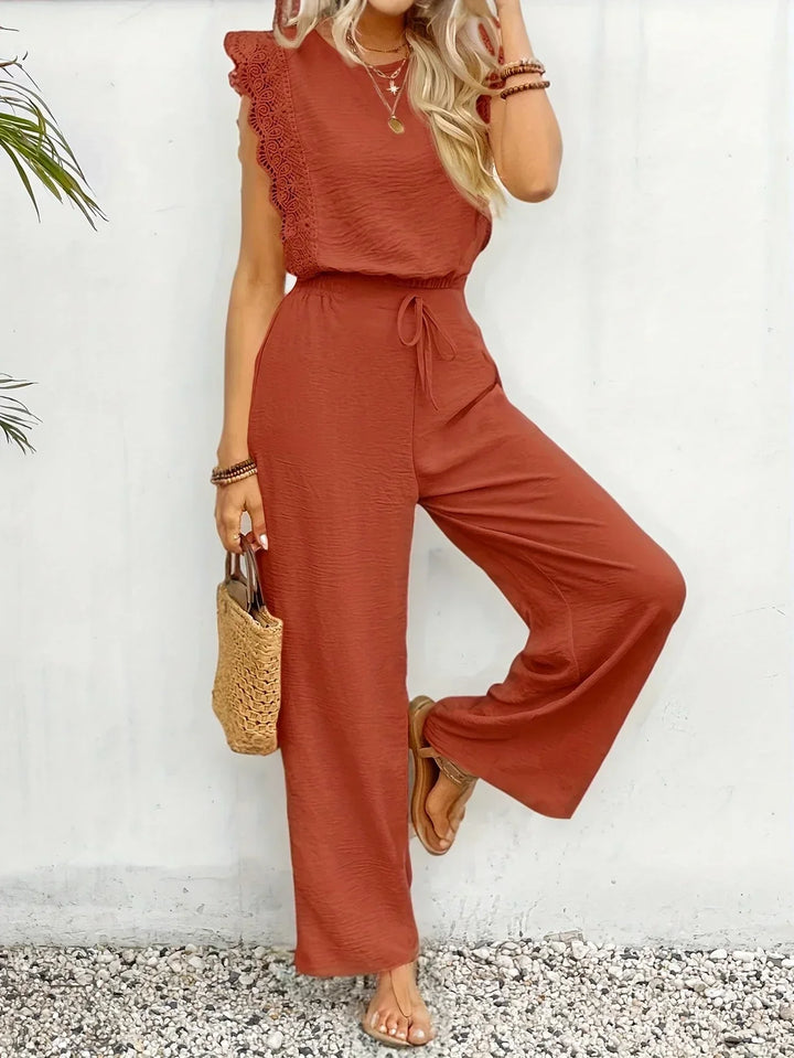 Zella Elegant Two-Piece Set | Lace-Trimmed Top and Wide-Leg Trousers