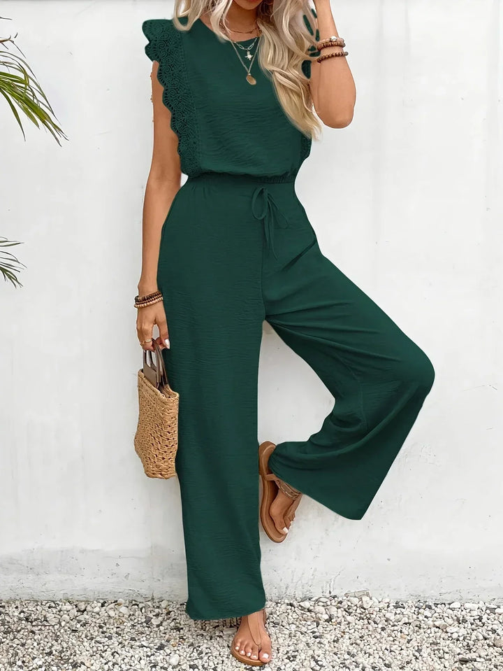 Zella Elegant Two-Piece Set | Lace-Trimmed Top and Wide-Leg Trousers