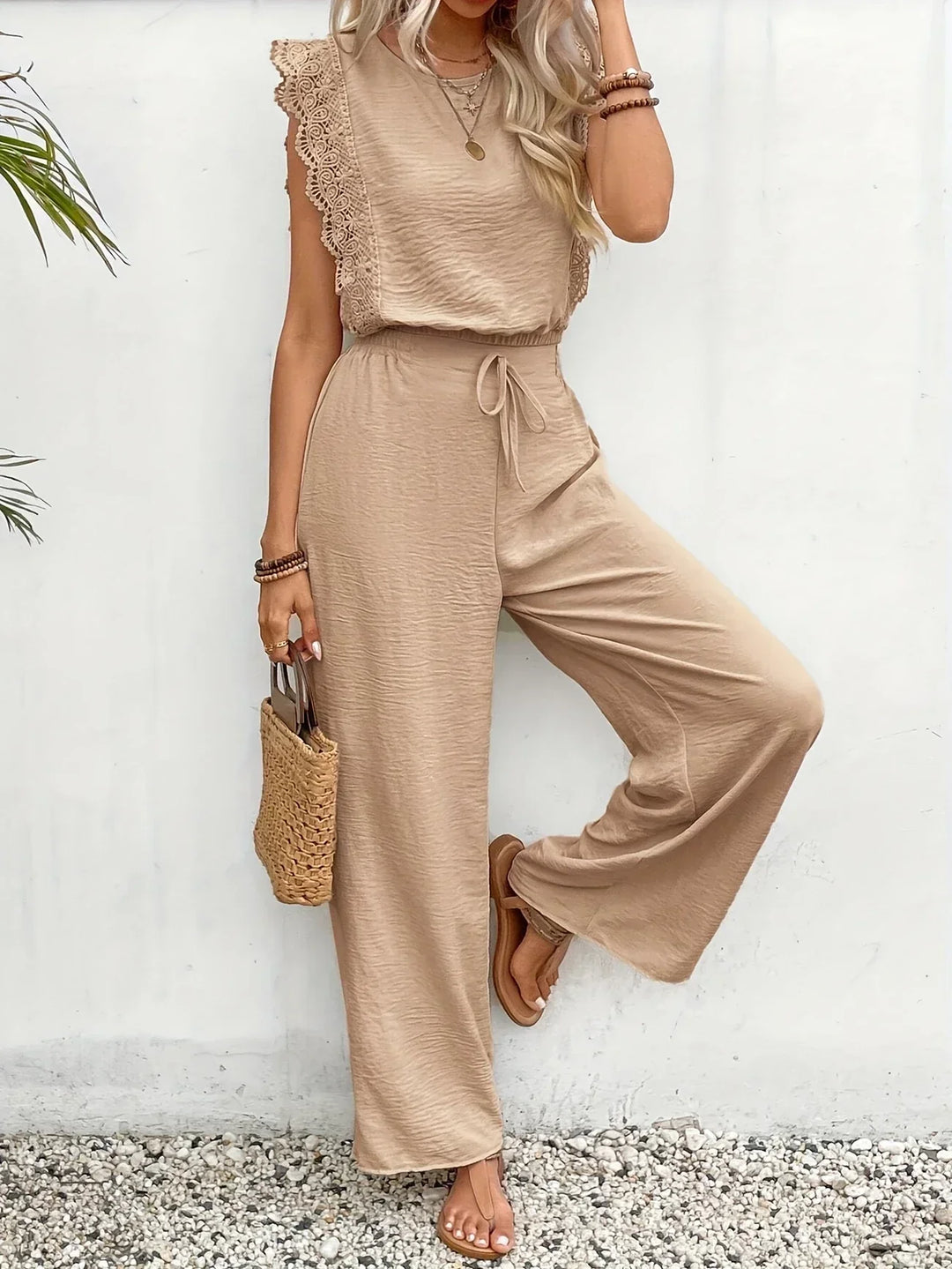 Zella Elegant Two-Piece Set | Lace-Trimmed Top and Wide-Leg Trousers